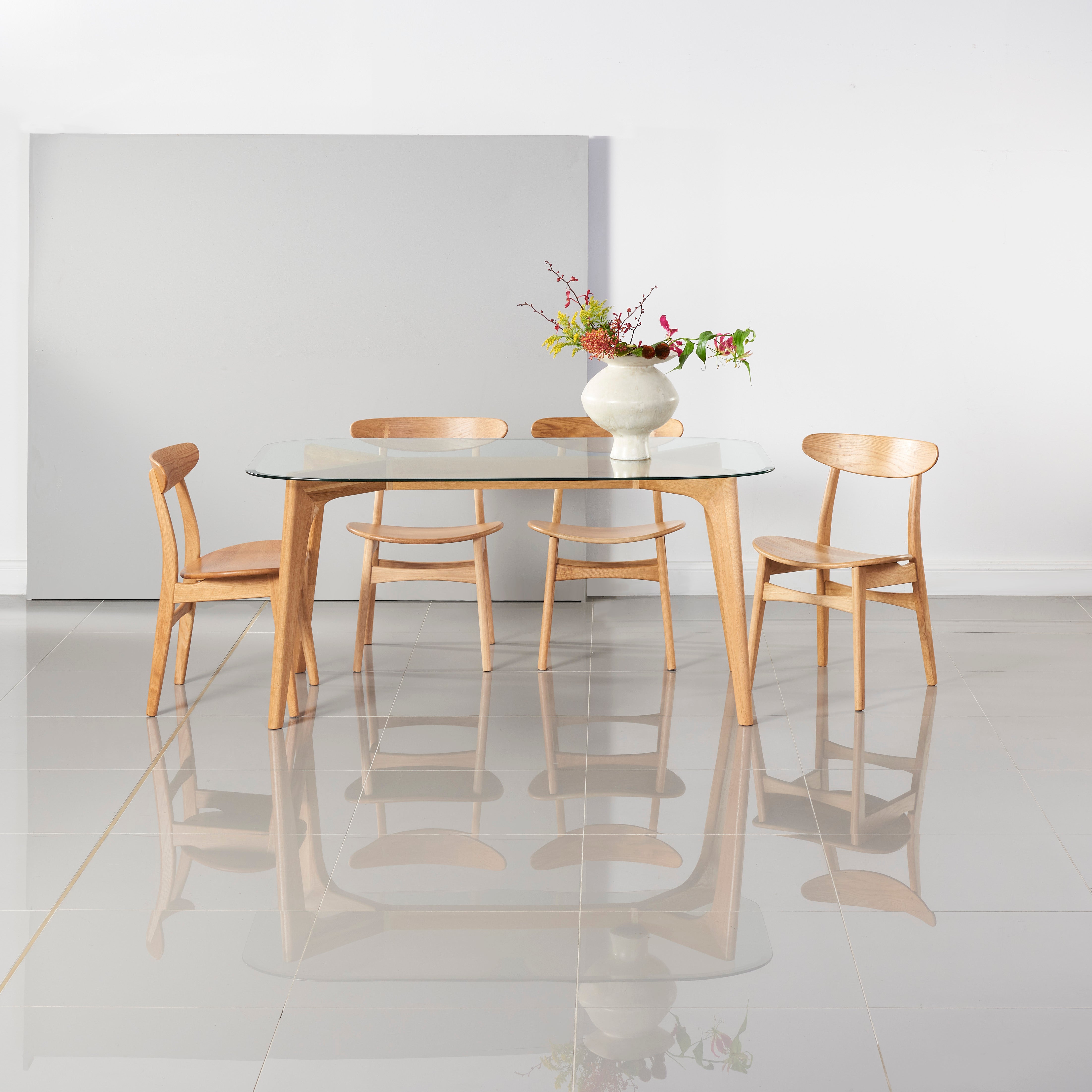 Hilda Solid Wood Dining Table - Glass + Solid Oak