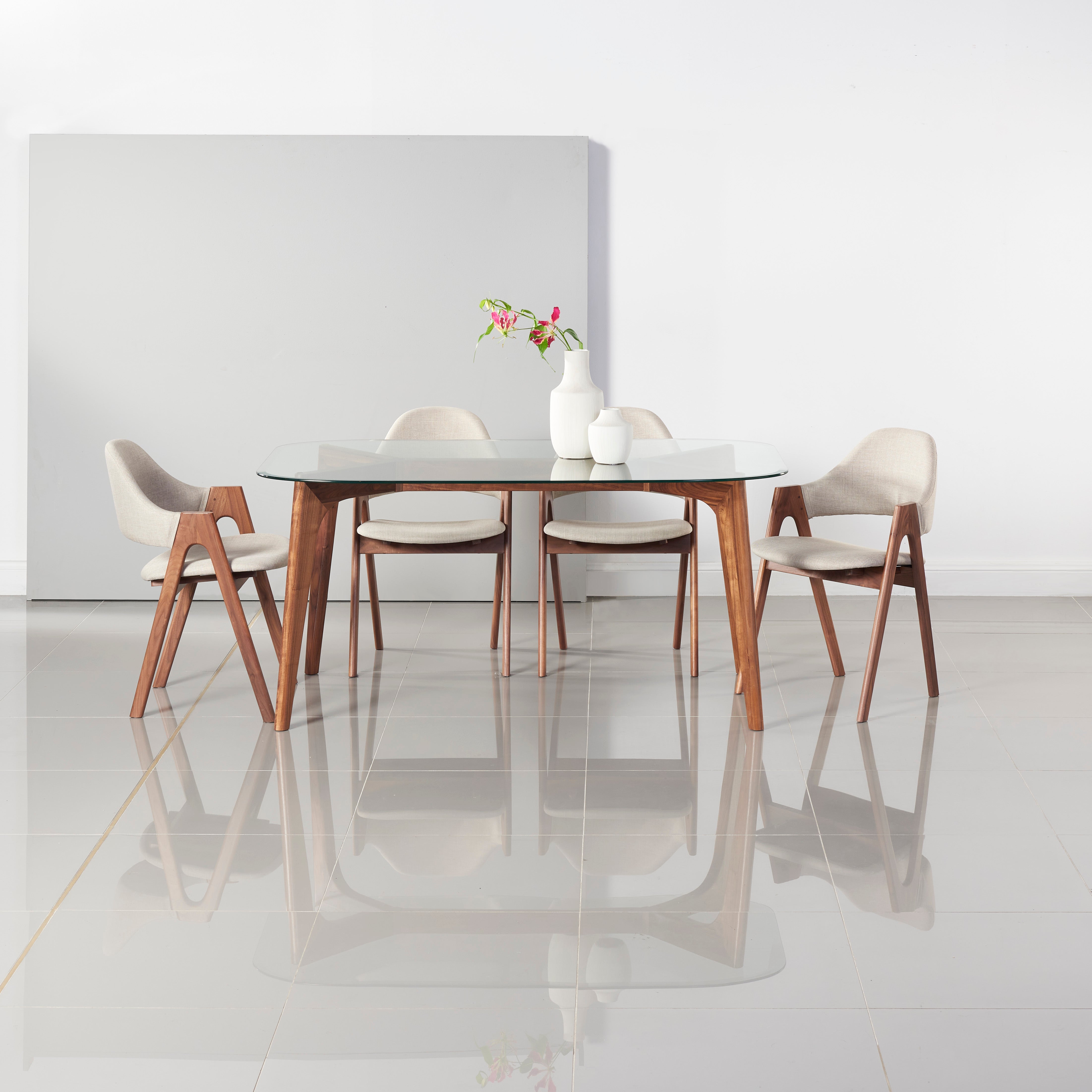 Hilda Solid Wood Dining Table - Glass + Solid Walnut