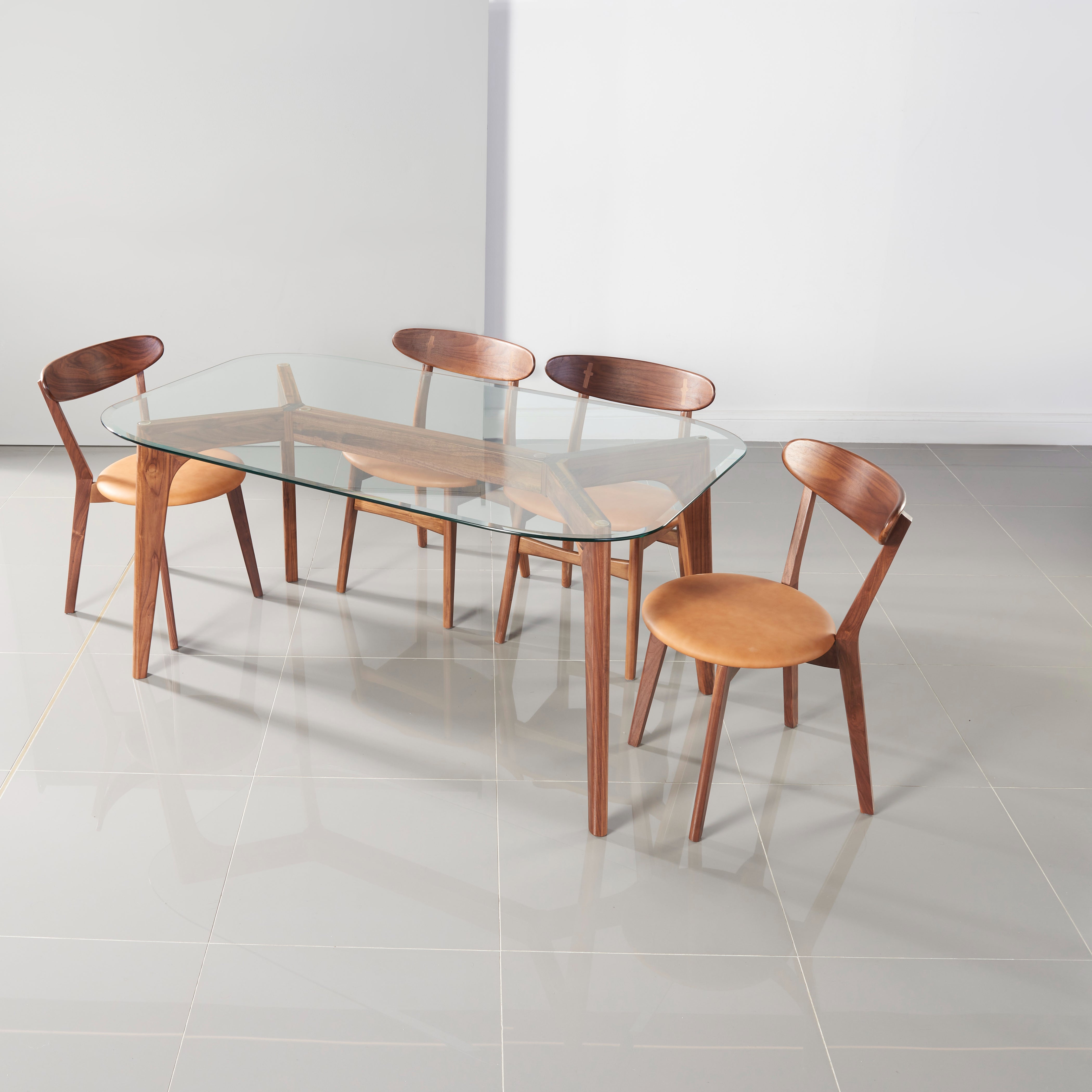 Hilda Solid Wood Dining Table - Glass + Solid Walnut