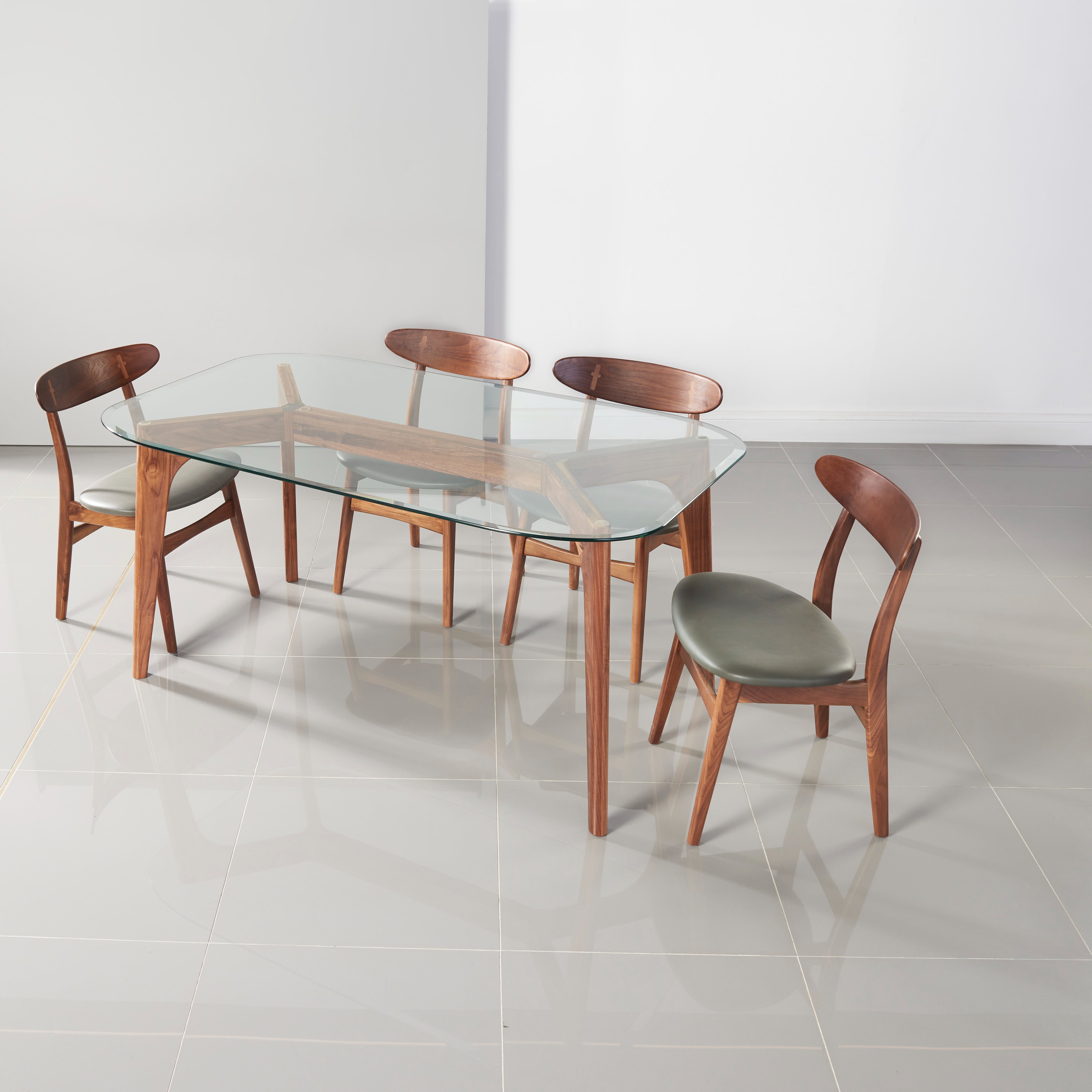 Hilda Solid Wood Dining Table - Glass + Solid Walnut