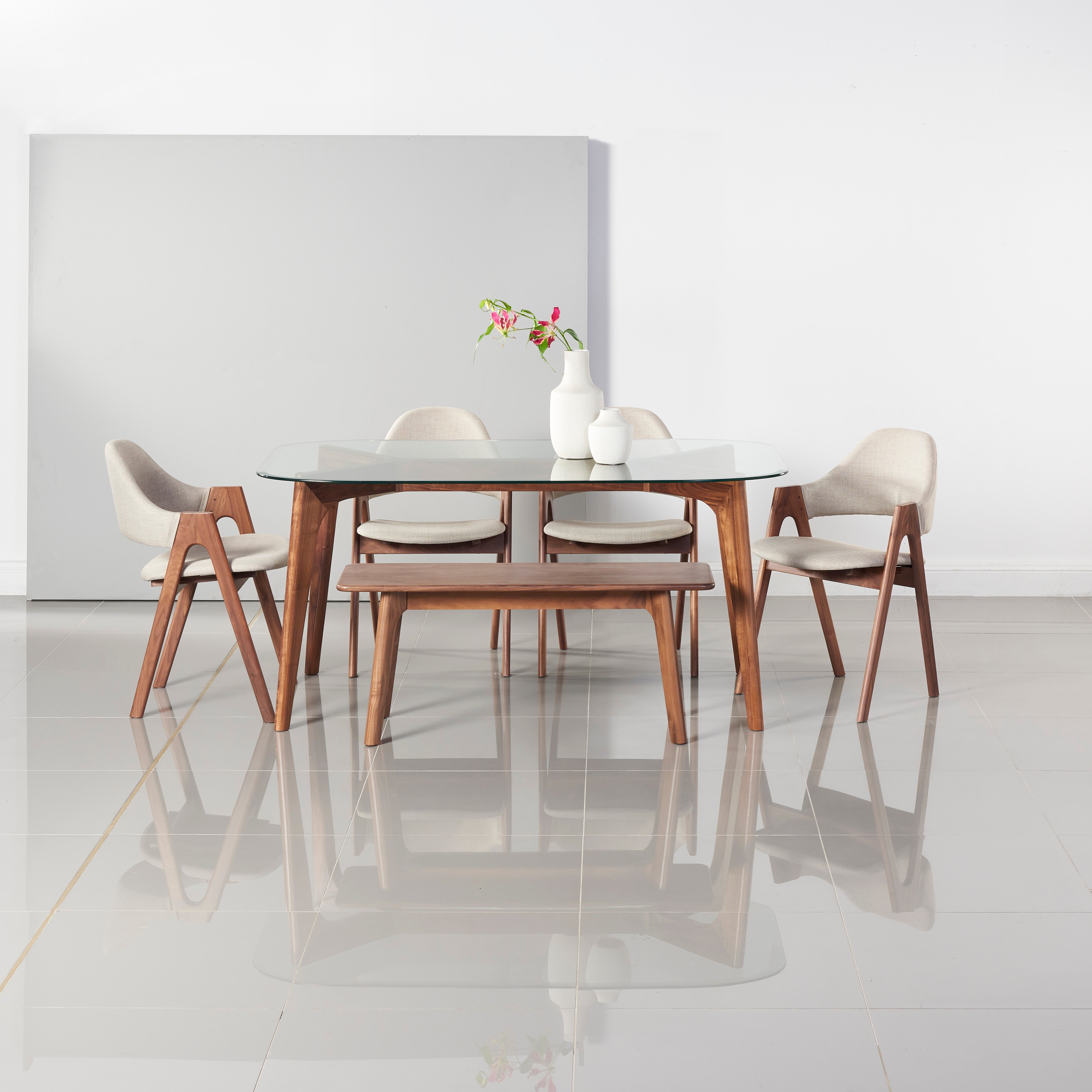 Hilda Solid Wood Dining Table - Glass + Solid Walnut