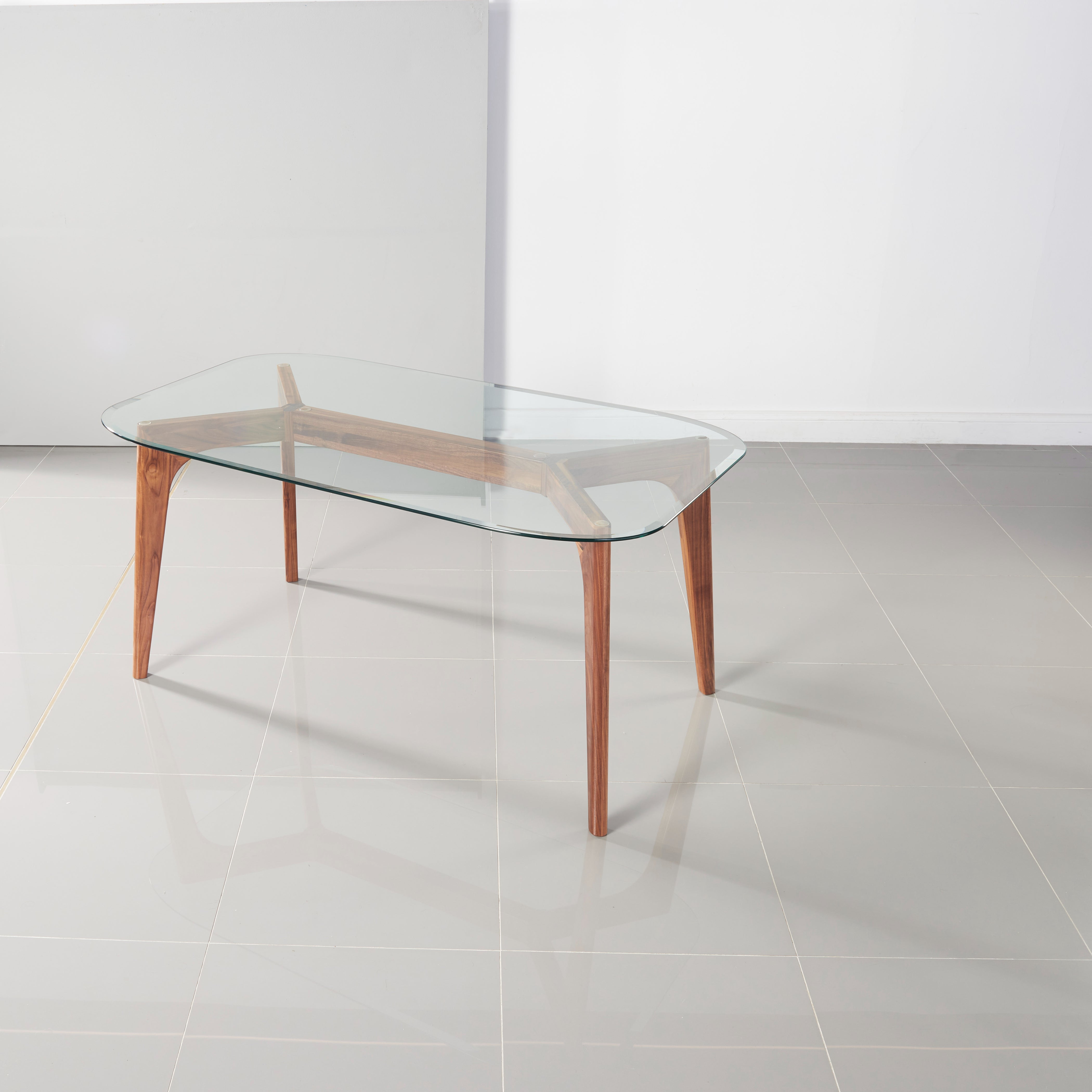 Hilda Solid Wood Dining Table - Glass + Solid Walnut