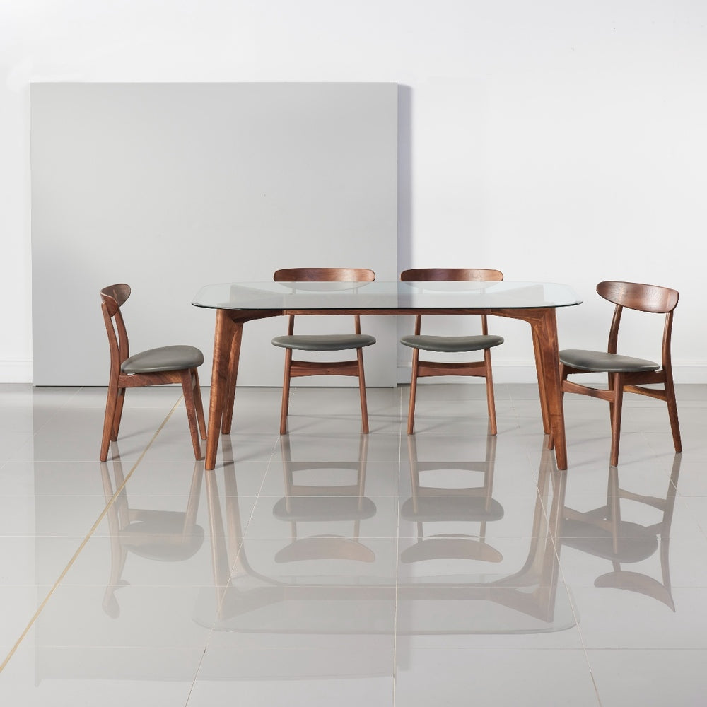 Hilda Solid Wood Dining Table - Glass + Solid Walnut