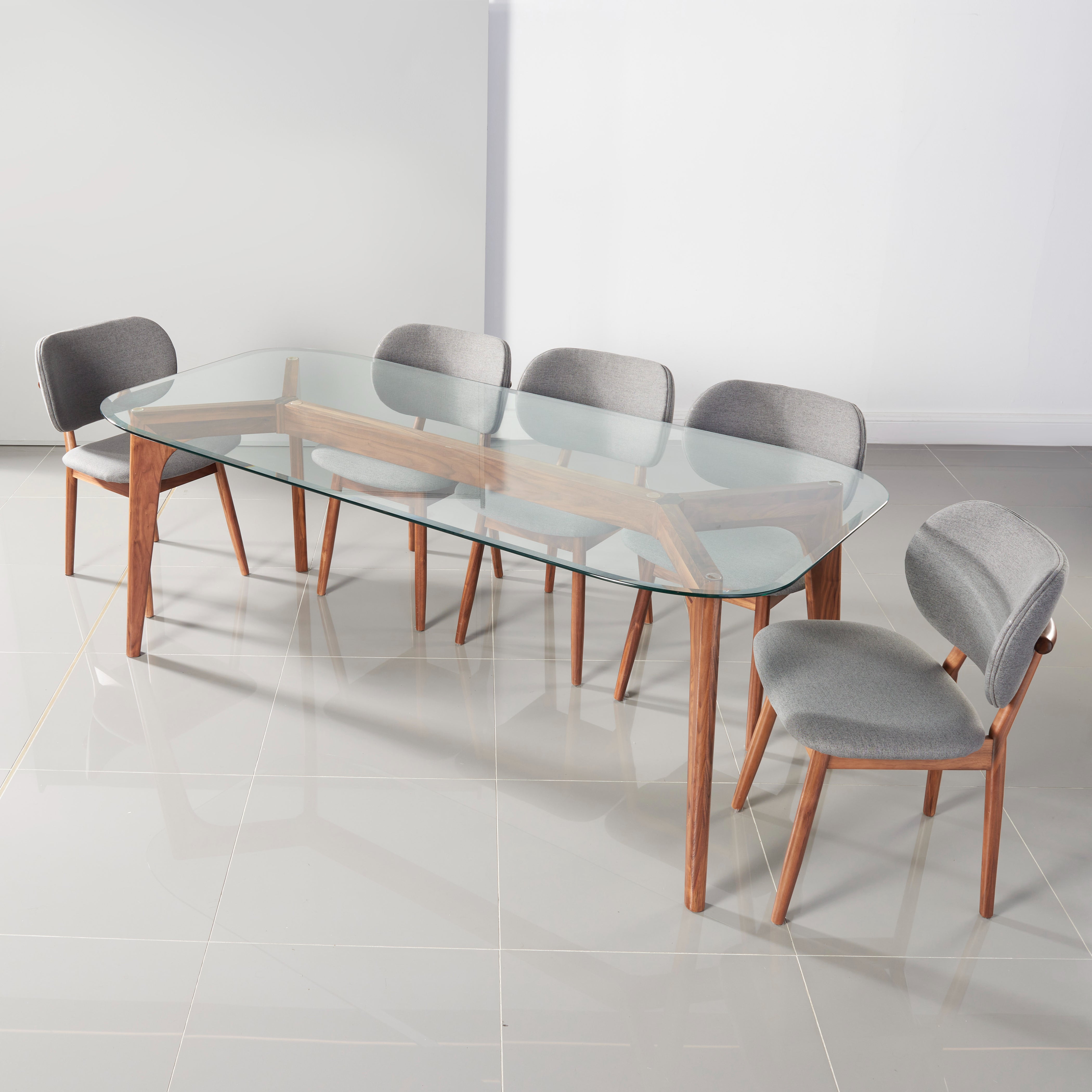 Hilda Solid Wood Dining Table - Glass + Solid Walnut