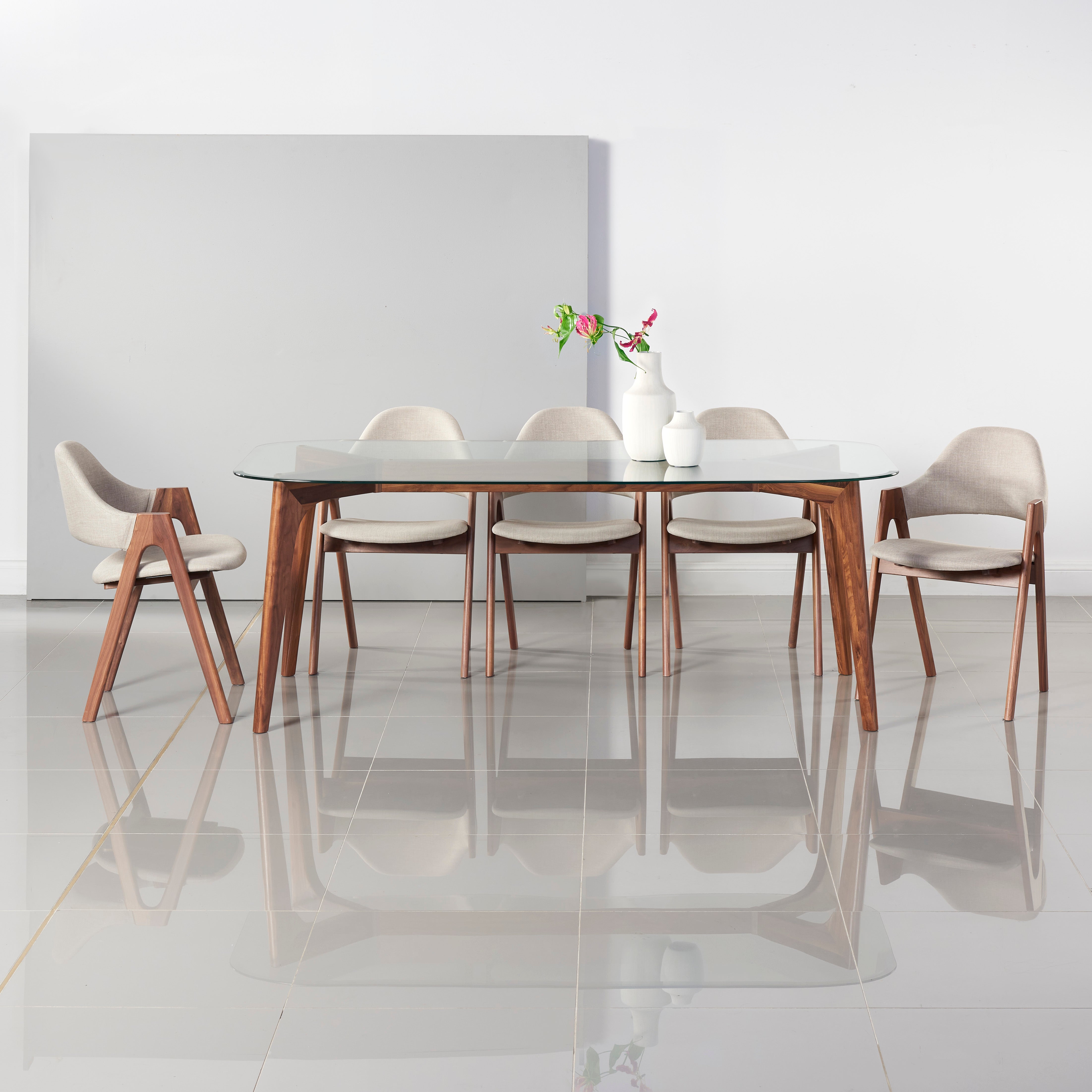 Hilda Solid Wood Dining Table - Glass + Solid Walnut