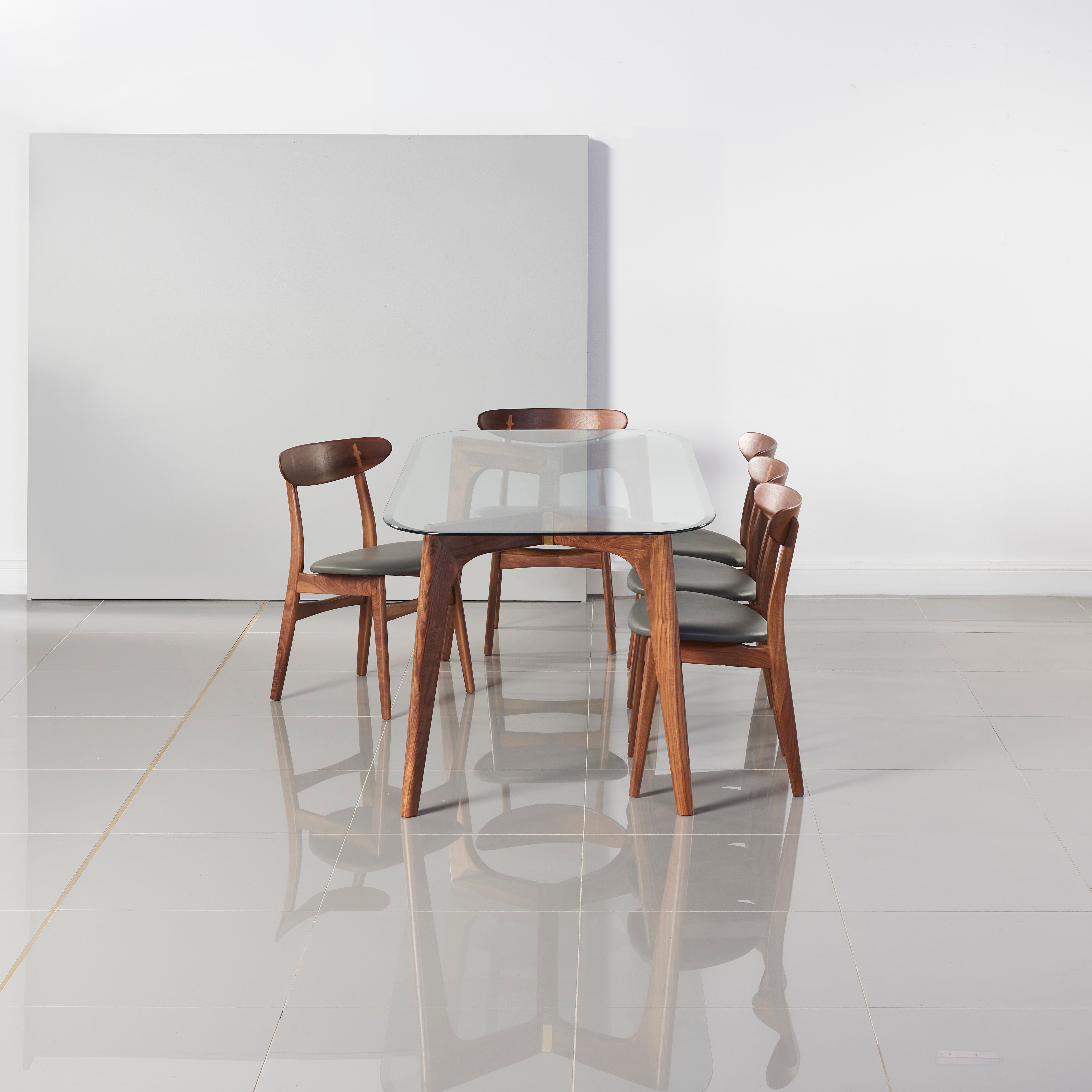 Hilda Solid Wood Dining Table - Glass + Solid Walnut