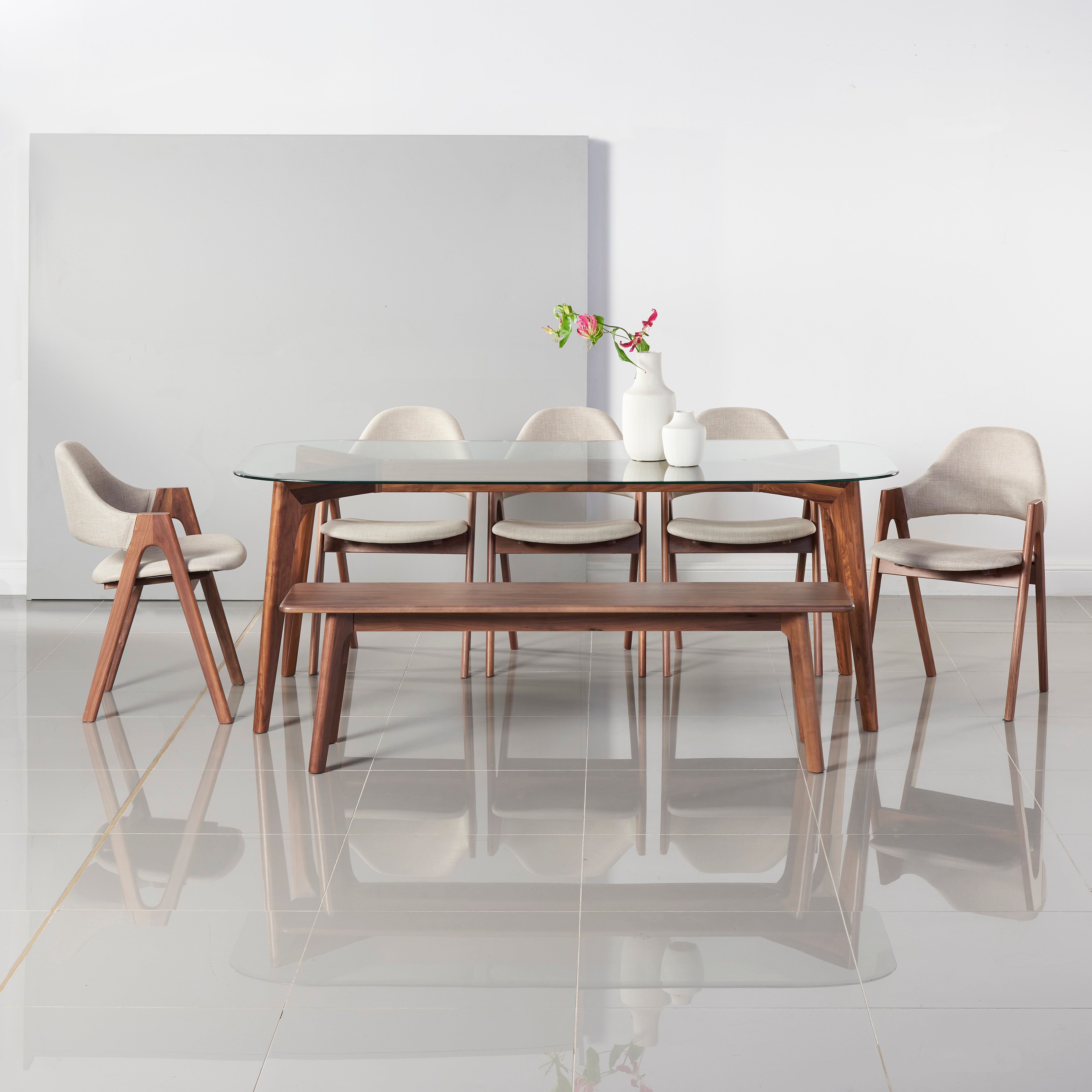 Hilda Solid Wood Dining Table - Glass + Solid Walnut